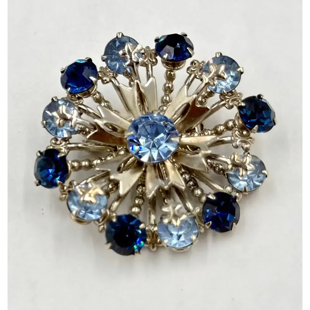 Vintage CORO Mid-Century Atomic Starburst Tiered Blue Rhinestone Brooch Pin